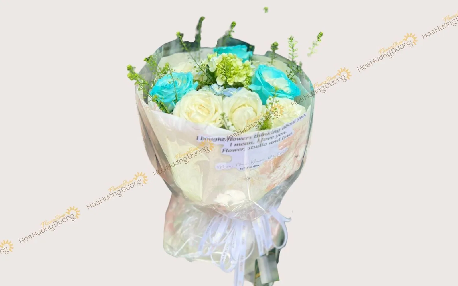 Bó hoa tươi mừng tốt nghiệp mix màu trắng xanh
