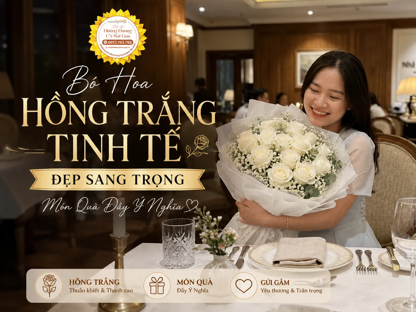 Bó Hoa Hồng Trắng Tinh Tế Đẹp Sang Trọng – Món Quà Đầy Ý Nghĩa