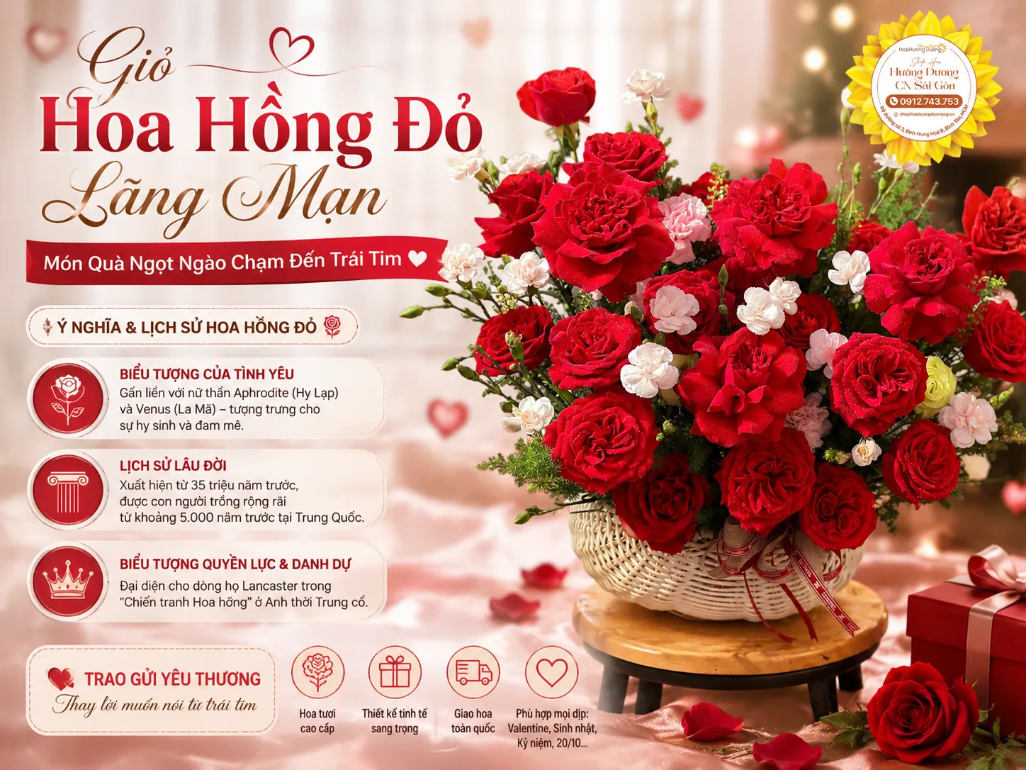 Giỏ Hoa Hồng Đỏ Lãng Mạn – Món Quà Ngọt Ngào Chạm Đến Trái Tim