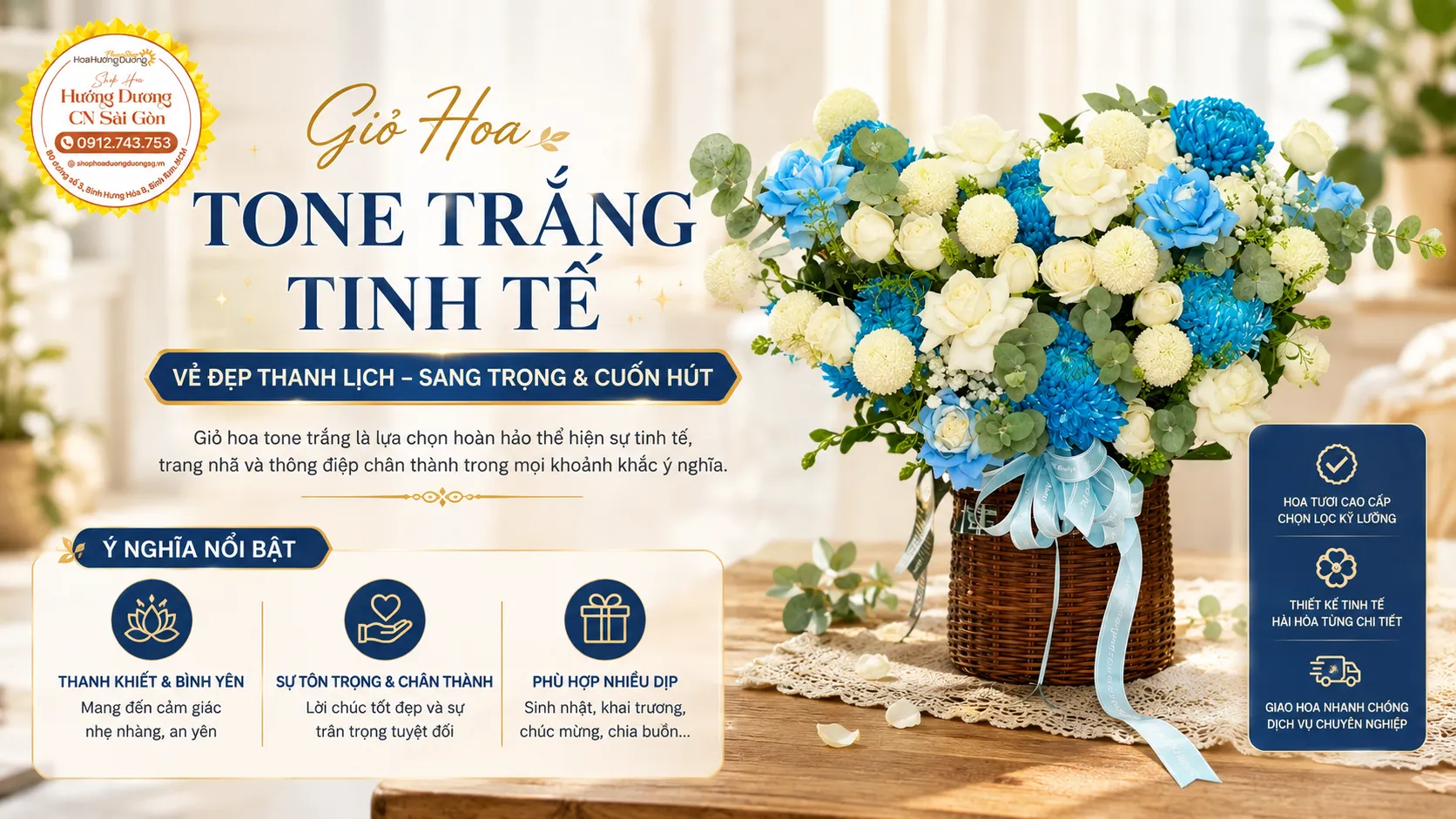 Giỏ Hoa Tone Trắng Tinh Tế – Vẻ Đẹp Thanh Lịch, Sang Trọng Và Cuốn Hút
