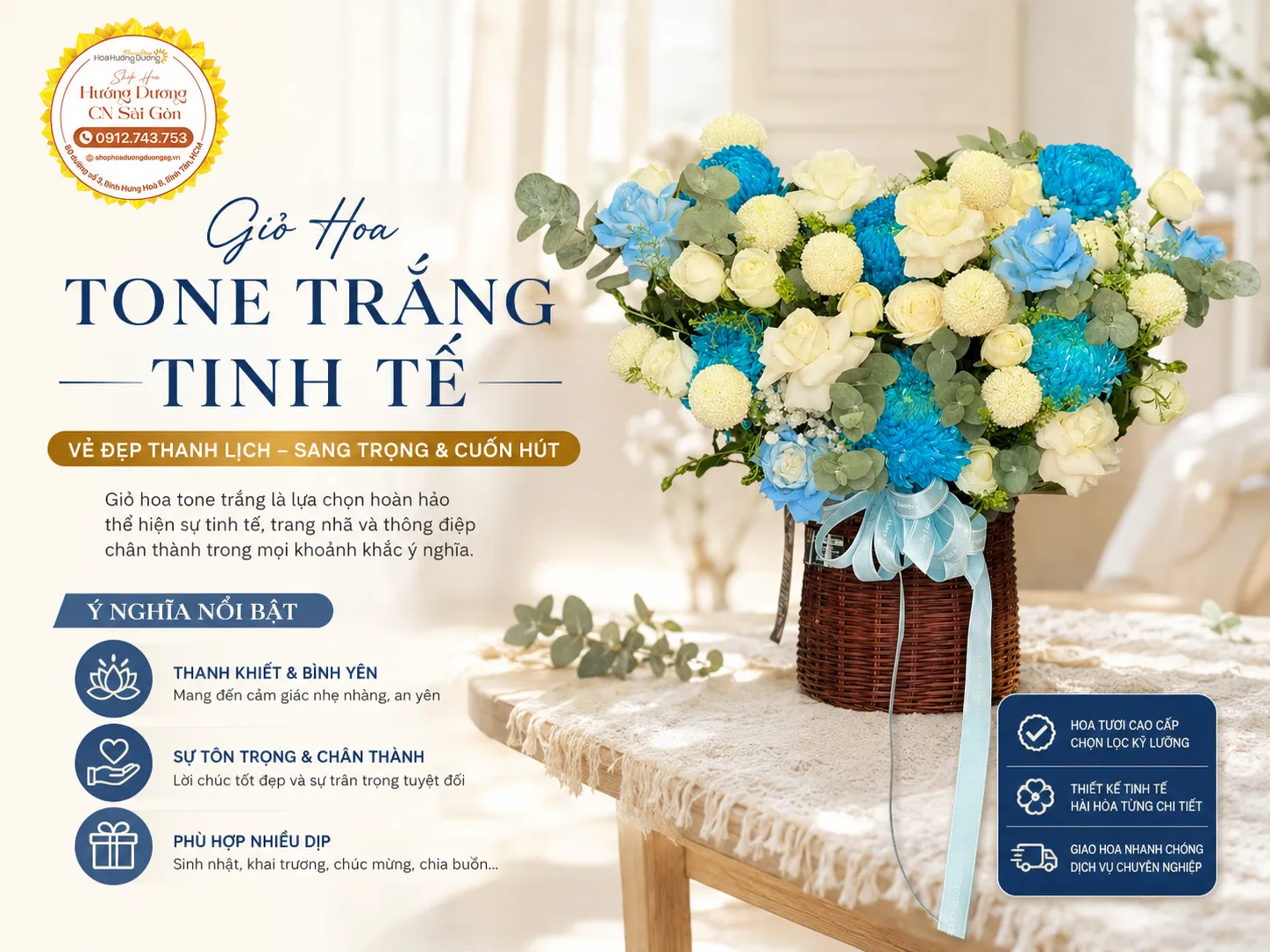 Giỏ Hoa Tone Trắng Tinh Tế – Vẻ Đẹp Thanh Lịch, Sang Trọng Và Cuốn Hút