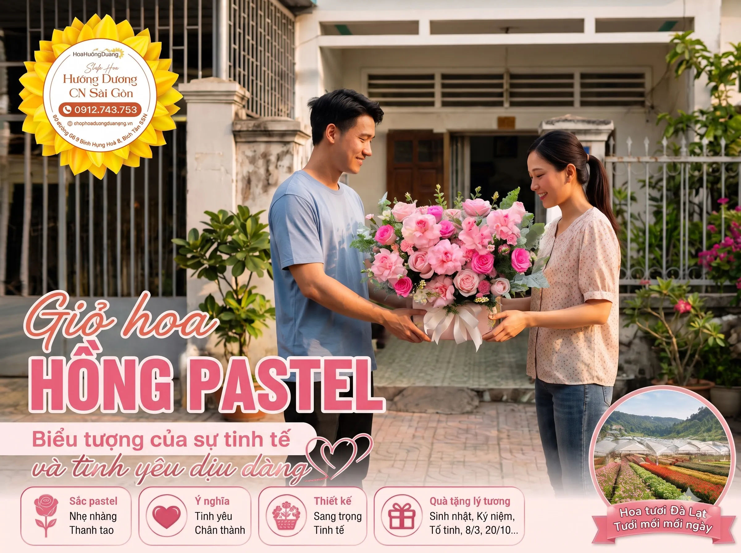 Giỏ hoa hồng pastel - Biểu tượng của sự tinh tế và tình yêu dịu dàng